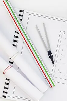 Flat Lay Office Supplies Prints: Creative flat lay overhead top view blueprints architectural flat project plan