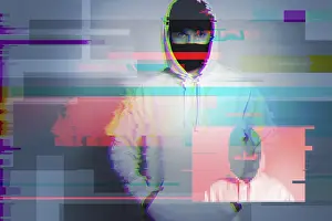 Computer Virus Concept Prints: Creative image with anonymous hacker with glitch and interference effects