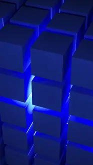 Blue Light Cube Structure Prints: Cube structures create a captivating geometric arrangement highlighted by blue light