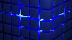Installation Art Prints: Blue Light Cube Structure Print: Geometric Design Concept