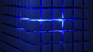 Installation Art Prints: Blue Light Cube Structure Print: Modern Geometric Design