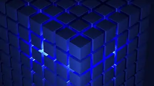 Contemporary Art Piece Prints: Cube structures create a captivating geometric arrangement highlighted by blue light