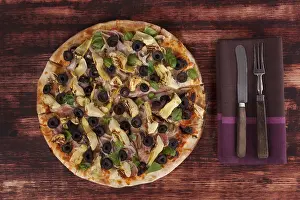 Wooden Background Food Prints: Culinary pizza eating, rustic style