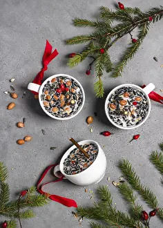 Handicraft Production Prints: Three cups filled with nuts and seeds