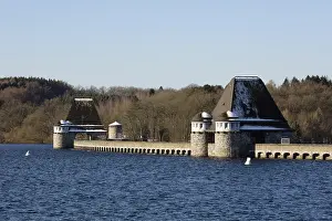 North Rhine Westphalia Europe Prints: Dammed Mohnesee in front of a dam
