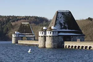 North Rhine Westphalia Europe Prints: Dammed Mohnesee in front of a dam