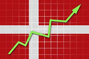 European National Flags Prints: The Danish flag and arrow graph going up