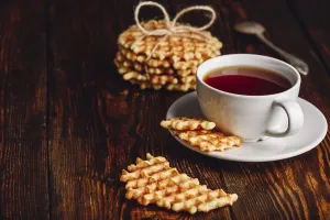 Sweet Treats Copy Space Prints: Dessert with Cup of Tea and Waffles