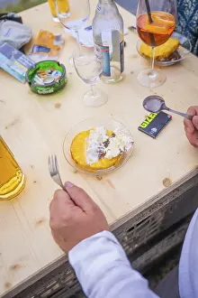 European Meal Ideas Prints: Dessert with pineapple and cream on a table with drinks