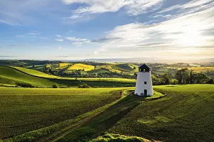 Aerial Landscape Photo UK Prints: Devon Windmill from a drone, Fields and Farms