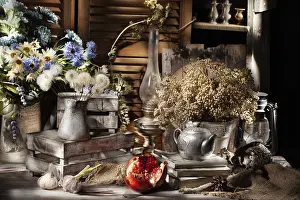Studio Background Still Life Prints: Different accessories in retro style on a studio background
