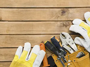 Construction Site Equipment Prints: Different carpentry tools wooden table
