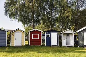 Colorful Beach Huts Prints: Different colored beach huts in a meadow