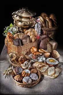 Baked Goods Prints: Different kinds of bread on a canvas studio background