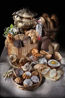 Baked Goods Prints: Different kinds of bread on a canvas studio background