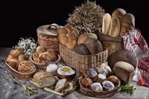 Bread Studio Photography Prints: Different kinds of bread, milk and egg on a canvas studio background