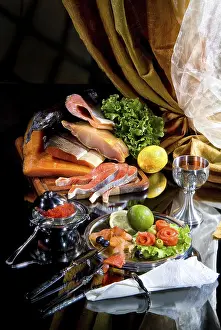 Studio Environment Food Photography Prints: Different kinds of fish and accessories on a studio background