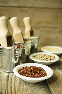 Diverse Food Options Prints: Different kinds of rice in the pots on the rustic table