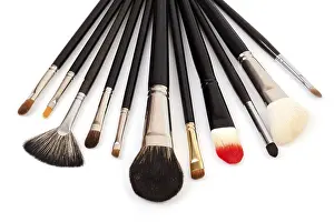 Beauty Accessories Prints: Different types of makeup brushes on white background