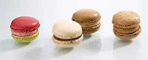 Plain Colored Background Studio Shots Prints: Four differently coloured macarons in front of a white background
