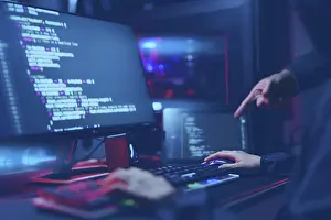 Hacker Attack Prints: Digital crime, Hacker coding virus and ransomware attack cyber data system