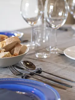 Fine Dining Tableware Prints: Dining table set with bread, cutlery