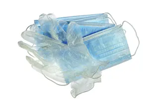 Face Mask Hygiene Prints: Disposable clear plastic gloves and facemasks