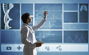 Symbolic Medical Image Prints: Doctor works with digital interface