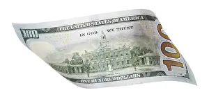 One Hundred Dollar Bill Prints: One hundred dollar bill falling or floating on empty background