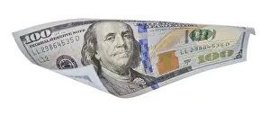 One Hundred Dollar Bill Prints: One hundred dollar bill falling or floating on empty background