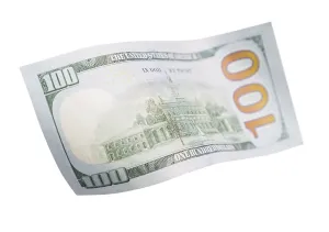 One Hundred Dollar Bill Prints: One hundred dollar bill falling or floating on empty background