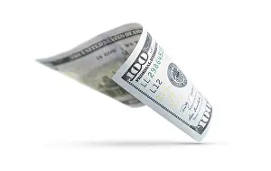 One Hundred Dollar Bill Prints: One hundred dollar bill floating down to surface with drop shadow isolated on a white background