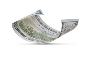Hundred Dollar Bill Prints: One hundred dollar bill floating down to surface with drop shadow isolated on a white background