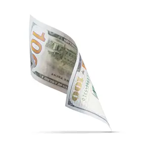 One Hundred Dollar Bill Prints: One hundred dollar bill floating down to surface with drop shadow isolated on a white background
