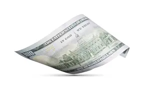 One Hundred Dollar Bill Prints: One hundred dollar bill floating down to surface with drop shadow isolated on a white background