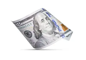 US Dollar Note Isolated Prints: One hundred dollar bill floating down to surface with drop shadow isolated on a white background