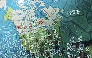 Printed Circuit Board Design Prints: Double exposure technology background and world map