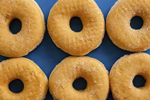 Full Frame Dessert Image Prints: Six doughnuts on blue background