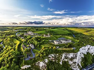 Historic British Fortification Prints: Dover Castle from a drone, White Cliffs