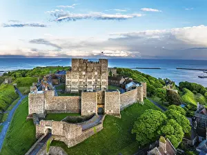 Historic British Fortification Prints: Dover Castle from a drone, White Cliffs