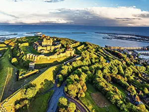 Historic British Fortification Prints: Dover Castle from a drone, White Cliffs