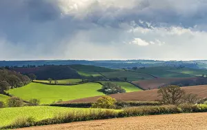 British Countryside Prints: Dramatic clouds and sky over fields of Berry Pomeroy