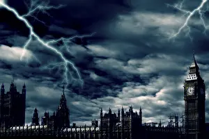 Prints of Dramatic sky with lightning over the Big Ben and Parliament building in London, UK Weather Prints: London Sky with Lightning Print
