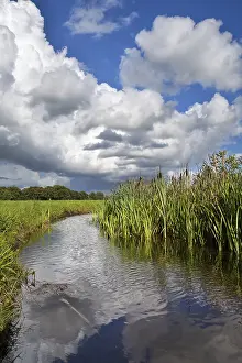 Dark Cloudy Atmosphere Prints: Dramatic stormy sky reflected in river