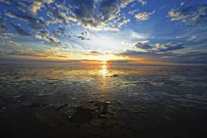 Deserted North Sea Coast Prints: Dramatic sunset on the beach, Langeoog