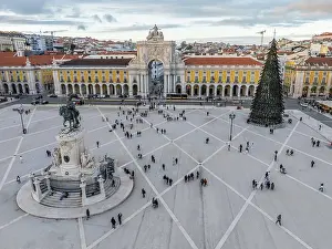 Lisbon Cityscape At Twilight Prints: Drone view of Praca do Comercio in Lisbon