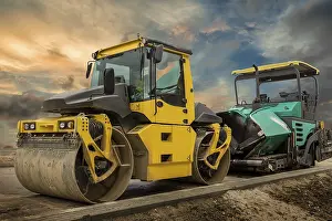 Road Construction Machinery Prints: Drum roller and asphalt spreading machine