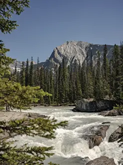 Uninhabited Natural Landmark Prints: Dynamic river rapids cascading against rocks with a mountain