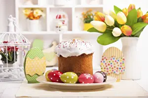 Decorative Eggs Prints: Easter cake with eggs on the table