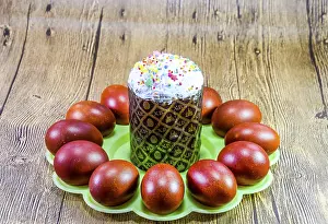 Traditional Easter Table Setting Prints: Easter cake and painted red Easter eggs